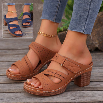 Square-heeled Peep-toe Slides Shoes Summer Casual Chunky Heel Sandals Solid Color Slippers e-Multi Mart Zone