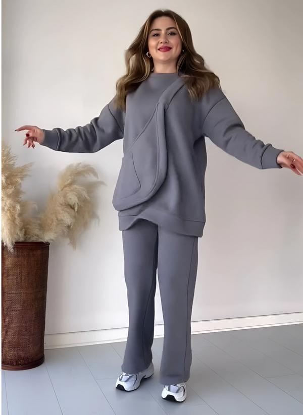 Cozy Grey Fleece Sweatshirt Tracksuit - 2 Pcs Set e-Multi Mart Zone